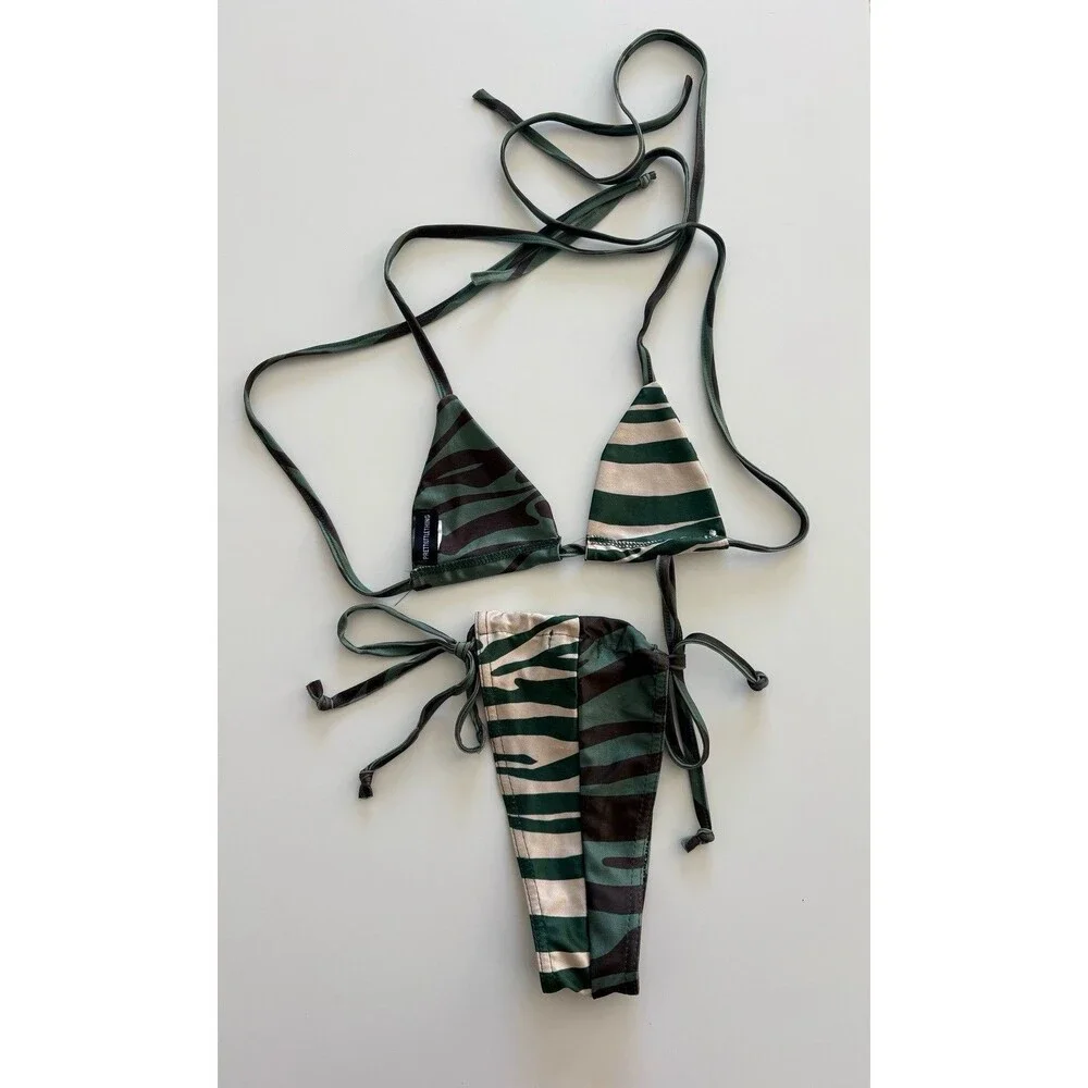 Prettylittlething Bikini Two-Piece Women's 4 Green Black Tan Camo Summer Beach
